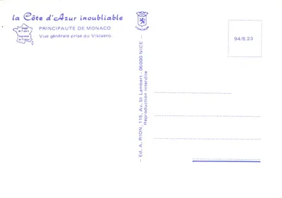 Principauté de Monaco — vue générale prise du Vistaero — éditeur RION — पीछे