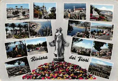 Riviera dei Fiori — vue panoramique avec statue centrale et vignettes des lieux — éditeur Stab. Grafica Cesare Capello-Niasso
