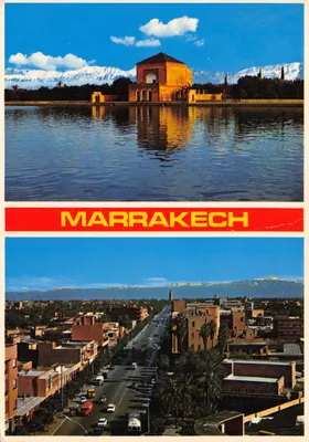 Marrakech — vue de la Koutoubia et du jardin d'Atlas enneigé — éditeur ITTAH COLOR