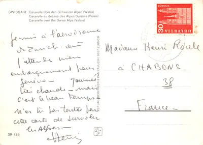 Avion SWISSAIR — vol au-dessus des Alpes suisses (Valais) — éditeur VERLAG BERINGER & PAMPALUCHI, ZURICH, n° SR 486 — पीछे
