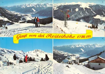 Grüß von der Resterhöhe 1786 m — vue panoramique des Alpes de Kitzbüheler, avec téléphérique et chalets — éditeur Mongolhorn & Co. Imprintdruck