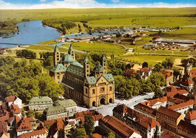 SPEYER am Rhein — vue aérienne de l'abbaye et du fleuve — éditeur Herst. u. Verlag Schöning & Co + Gebrüder Schmidt