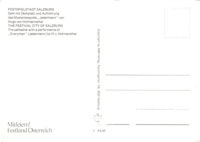 Salzbourg — Cathédrale et place du Dom avec spectacle de « Jedermann » — MM-Verlag, N° FS 45 — पीछे