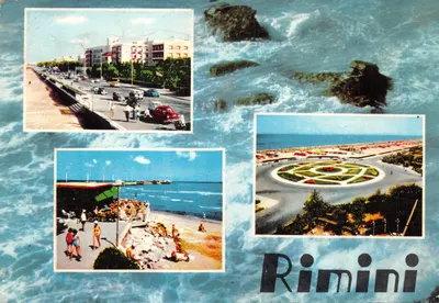 Rimini — vue de la Riviera Adriatique avec quatre scènes : plage, route, rond-point et promenade — éditeur RIVIERA ADRIATICA, n° RM/17
