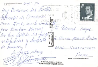 Benidorm — rue typique — éditeur POSTALES BENIDORM T. 857152, n° 10 — पीछे