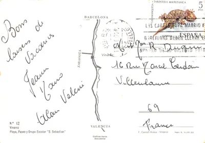 Plage de Vinaroz — Paseo y Grupo Escolar 'S. Sebastian' — Gráficas Harris (Barcelone) N° 12 — पीछे