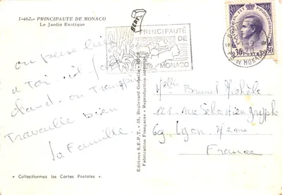 Jardin Exotique de Monaco — vue de cactus et montagnes — Éditions S.E.P.T. n°1-462 — पीछे