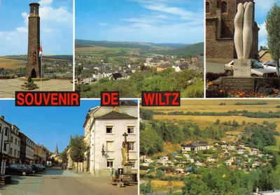 Wiltz — vue générale, monument scout, zone piétonne et camping — souvenir imprimé sur la carte