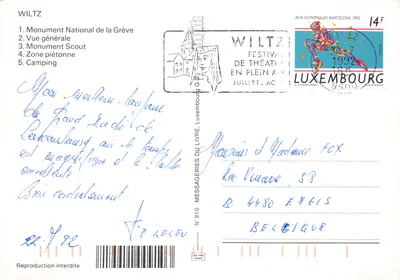 Wiltz — vue générale, monument scout, zone piétonne et camping — souvenir imprimé sur la carte — पीछे