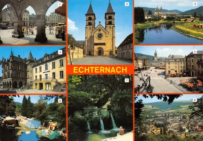 Echternach — vue panoramique avec édifice religieux, pont, cascade et campement — éditeur Messageries du Livre, n° 276