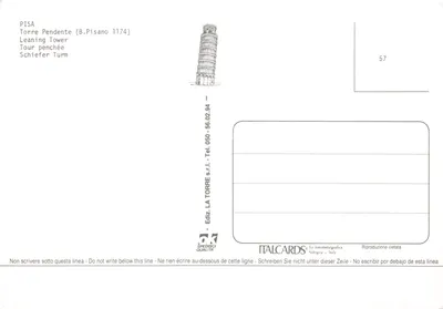 Pisa — Torre Inclinada (Torre Pendente) — editor ITALCARDS, n.º 57 — Verso