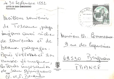San Gimignano — panorama com torres medievais — editor Umbriagraf Terni n.º 1036 — Verso