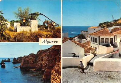 Algarve — vue de la côte, d'un village et d'un âne à la pompe — Imprensa da Noruega, n° 256