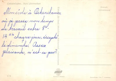 Oskarshamn. Nya Läroverket — éditeur AB Axel Melchior's Bokhandel, n° 113 — पीछे