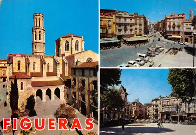 Figueras — vue de la cathédrale et rues — éditeur Fotos Meli, n° 1139