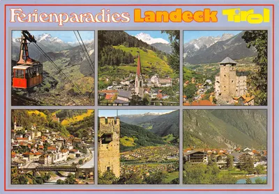 Ferienparadies Landeck Tirol — vue panoramique avec téléphérique, église, château et paysage alpin — éditeur K. Mathis