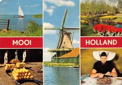 Paysages et traditions néerlandaises — Moulin à vent, tulipes, bateau à voile, fromages et femme en coiffe — éditeur VITA NOVA