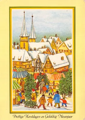Marché de Noël — vue d'un village enneigé avec église à deux clochers — éditeur 'gebr. spanjersberg - antwerpen'