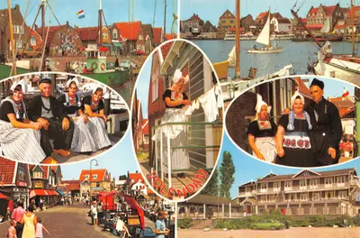 Volendam — vue panoramique du port et de la ville avec habitants en tenue traditionnelle — éditeur: Euro Color Cards/Sleeuwijk