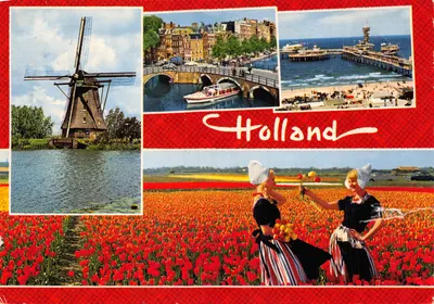Paysages hollandais — moulin à vent, canaux d'Amsterdam, port et champs de tulipes — éditeur VITA NOVA, SCHEDAM