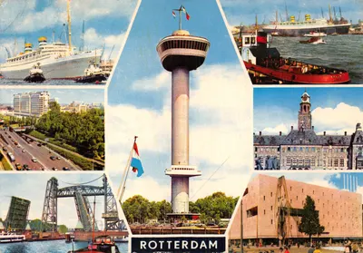 Rotterdam — vue panoramique avec la tour de la ville, des navires et des bâtiments — éditeur Gebr. Spanjersberg N.V., Rotterdam