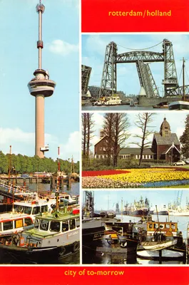 Rotterdam/Hollande — tour de la KPN, pont levant, fleurs de tulipes, quai de bateaux — éditeur Euro Color Cards / Sleeuwijk