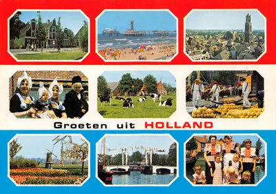Hollande — collage de scènes typiques (maison traditionnelle, plage, ville, fermières, vaches, tulipes, pont, marché au fromage) — éditeur gebbr. spaniersberg Rotterdam - Antwerpen, n° de série 3011/6