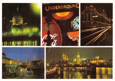 Londres — vue nocturne de St Paul, Underground, Big Ben et autres lieux — imprimé par J. ARTHUR DIXON