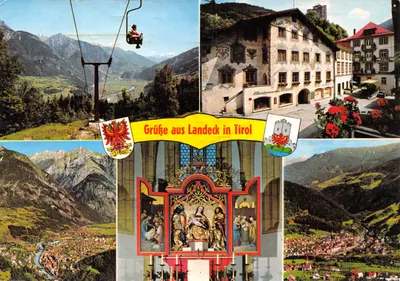 Landeck en Tirol — vue panoramique, édifice religieux et télésiège — éditeur Rudolf Mathis