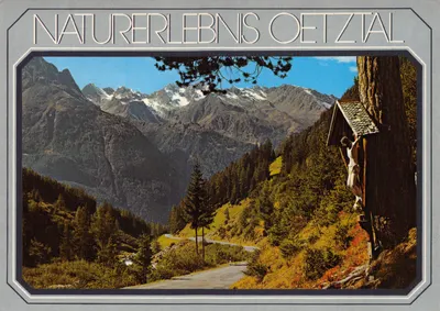 Naturerlebnis Oetz Tal — paysage montagneux avec statue de Christ en croix — éditeur Verlag Werner Lohmann