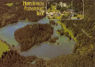 Lac Fernsteinsee — vue aérienne avec insert du château d'hôtel — éditeur ALPINE LUFTBILD INNSBRUCK, n° 67221