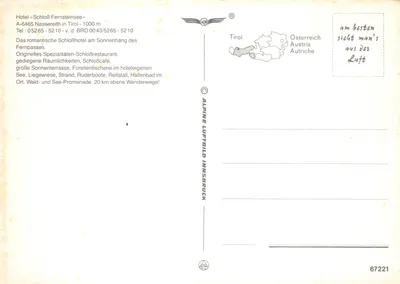 Lac Fernsteinsee — vue aérienne avec insert du château d'hôtel — éditeur ALPINE LUFTBILD INNSBRUCK, n° 67221 — पीछे