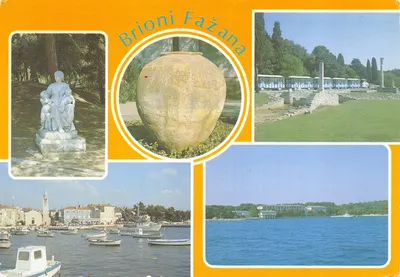 Brioni Fažana — vue panoramique avec statue, amphore et port — éditeur IZDAVAC SIMP-CIJAN PULA