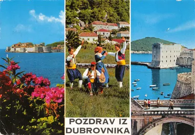Dubrovnik — vue de la forteresse, danse folklorique et pont — éditeur 'turstikomerc' n°2373