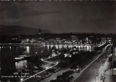 Illumination de la Rade et de la Ville — vue nocturne de Genève avec bateau et pont, éditeur JAEGEER GENEVE, n° 8022