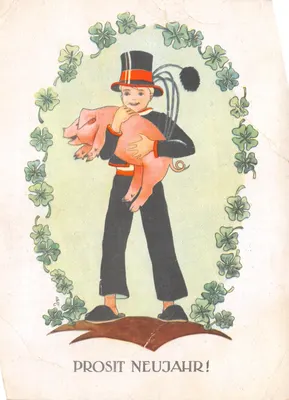Enfant en costume de carnaval — avec cochon et guirlande de trèfles — éditeur WKRW, n° 28