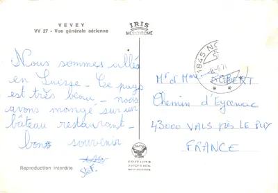 Vevey — vue aérienne générale — éditions IRIS MEXICHROME, n° VV 27 — पीछे