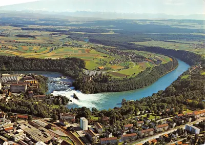 Rheinfall — vue aérienne — Hotel Restaurant Bellevue, Neuhausen am Rheinfall, éditeur E. Baumann, n° 247 c