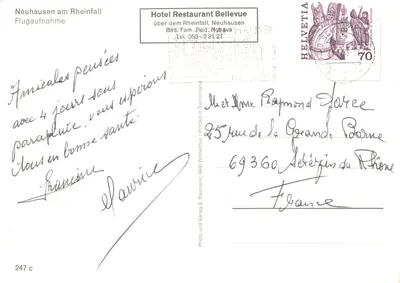Rheinfall — vue aérienne — Hotel Restaurant Bellevue, Neuhausen am Rheinfall, éditeur E. Baumann, n° 247 c — पीछे