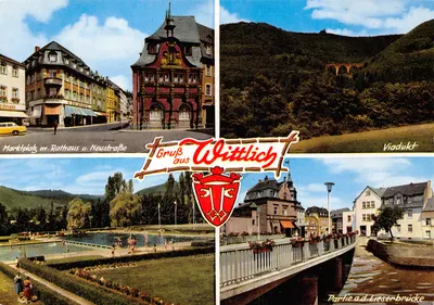 Wittlich — Marktplatz mit Rathaus u. Neustraße, Viadukt, Partie a.d. Lieserbrücke — Gruß aus Wittlich, éditeur Cramer's Kunstansicht, n° 73/3