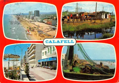 Calafell — vue de la plage, chevaux, hôtel et bateau — éditeur Foto color RAYMOND, Tarragone