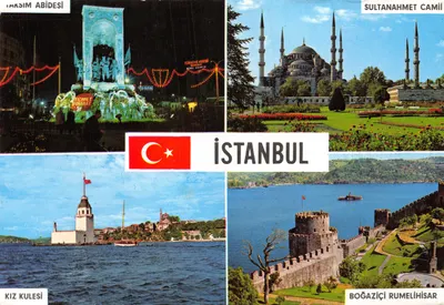 Istanbul — Sultanhane Camii, Kız Kulesi, Boğazçı Rumeli Hisarı, Taksim Abidesi — éditeur TÜRKİYE KREDİ GENEL ŞUBATI