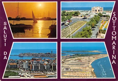 Sottomarina — vue du port au coucher du soleil, promenade, ville et plage — éditeur DA FOTOCOLOR KODAK EKTACHROME