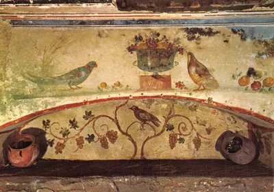 Pompeii — fresque murale avec oiseaux et fruits — Pontificia Commissione di Archeologia Sacra