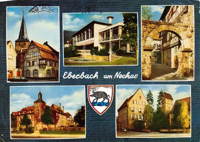 Ebebach am Neckar — vue panoramique avec édifice religieux, hôtel, porte médiévale, château et église — éditeur Bildverlag A. L. Traut