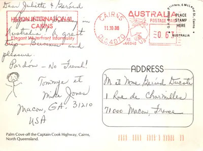 Palm Cove — plage bordée de rochers — éditeur G.K. Bollon Printers, 6 McLeod St, Cairns — पीछे