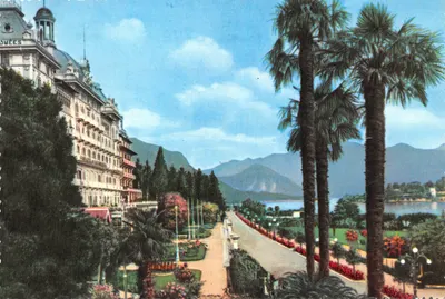 Grand Hôtel et des Rives Borromées — vue panoramique avec palmiers et lac — éditeur Brunner & C. et n° 4-23