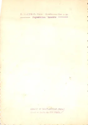 Cristo e marfim — estátua da abadia de Saint-Antoine — E. Dauphin, Beau lieu-sur-Mer A.M — Verso