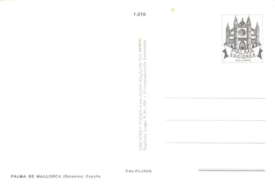 Palma de Mallorca — vue panoramique avec édifice religieux, tour, arche et château — éditeur PALMA EDICIONES — पीछे