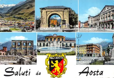Aosta — Panorama, Arco di Augusto, Palazzo del Governo, Anfiteatro Romano, Fontana e Stazione — Ed. Ris. F.lli Enrico - Ivrea
